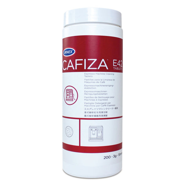 Front view of Cafiza E42 3g cleaning tablets ā tub of 200