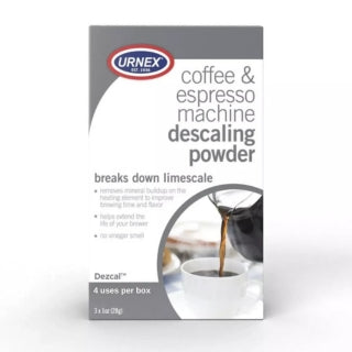 Descaling powder for coffee and espresso machines – removes limescale buildup in home or commercial equipment. Official Urnex UK product.